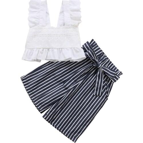 Stripe 2Pcs Lace Toddler Kids Baby Girls White Crop Tops Waist knot striped wide leg pants Outfits Set Clothes