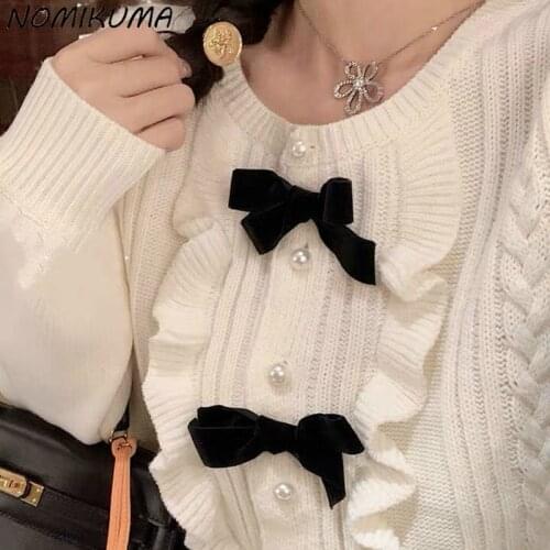 Nomikuma Korean Short Women Knitwear Coat Sweet Bowknot Knitted Cardigan 2020 Autumn Winter New Long Sleeve Sweater Jacket 6D108