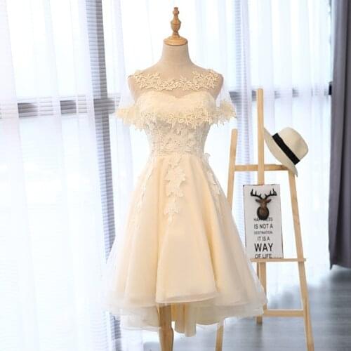 Short Front Long Back Champagne Strapless Evening Dresses With Lace Shawl O-Neck Embroidery Prom Gowns