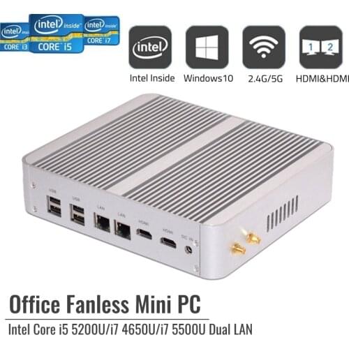 Cheap Office Fanless Mini Computer Intel Core i7 i5 4650U 5200U 5500U DDR3L 2*HDMI 2*Giga Lan SIM Card Windows Linux Desktop Pc