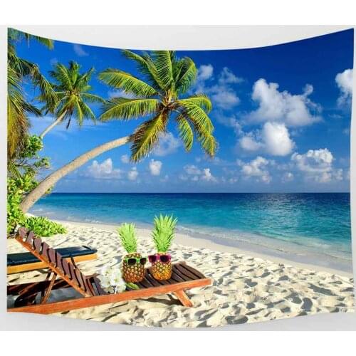 Simsant Summer Coconut Tree Tapestry Sea Blue Sky White Clouds Art Wall Hanging Tapestries for Living Room Home Dorm Decor