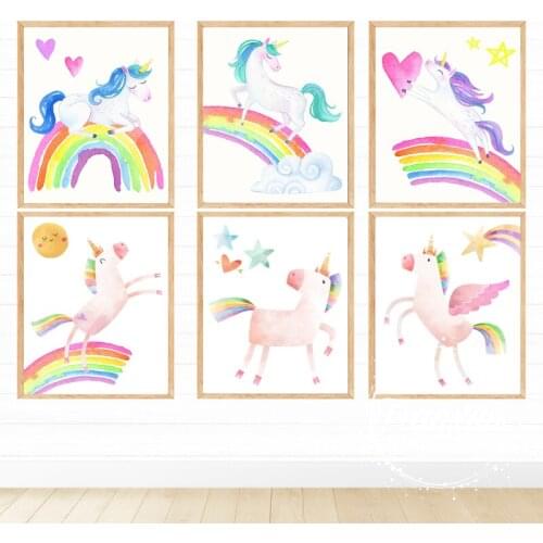 Clouds Rainbow Unicorn Printed Canvas Wall Art Poster Children Kindergarten Art Painting Nordic Pictures Baby Room Decoration