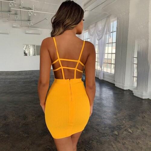 Sleeveless strap backless 2020 summer square collar mini new fashion bodycon club party orange bandage dress