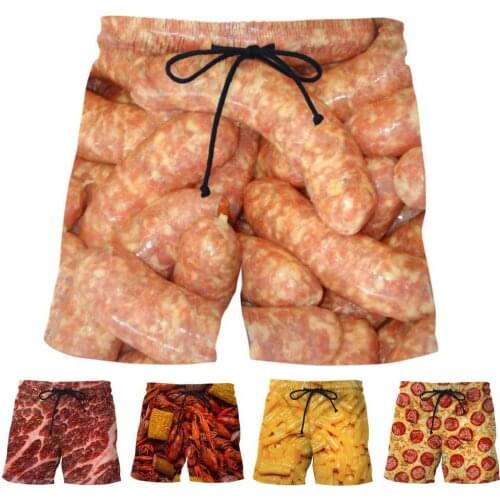 Beach Shorts Short Pants Gym Sports Shorts Sausage Print Men Shorts Wide Leg All-matched Elastic Waist Food Shorts Streetwear