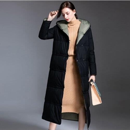 Long female winter down jacket women Splicing over knee duck down clothes hood black thick oversized coats loose lady overcoats
