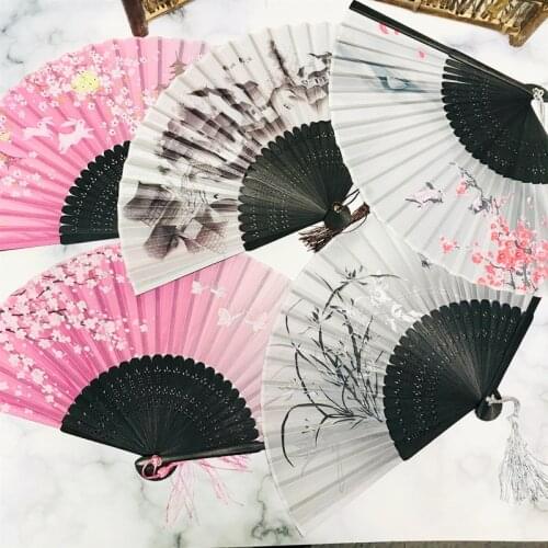 Chinese Style Silk Folding Fan Retro Japanese Bamboo Wooden Shank Classical Dance Fan Ornaments Art Craft Gift Wedding Hand Fan
