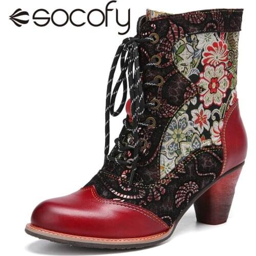 SOCOFY Women Winter Handmade Boots Bohemian Retro Style Leather Mid Calf Ankle Block Boots Casual Zipper Soft Shoes Botas Mujer