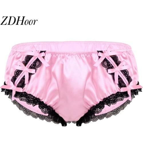 Mens Shiny Sissy Briefs Underwear Soft Ruffled Floral Lace Satin Lingerie Low Rise Gay Men Panties Stretchy Bikini Thongs