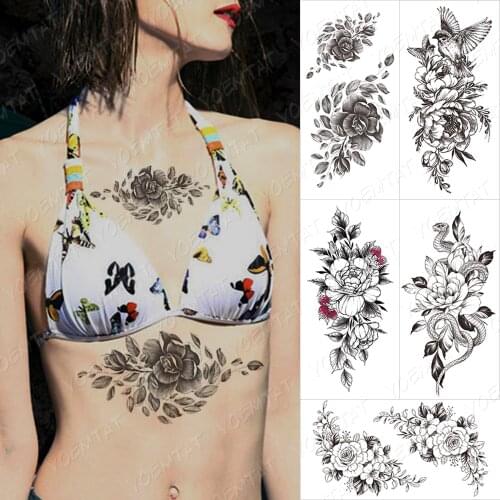 Waterproof Temporary Tattoo Sticker Black Realistic Rose Tatto Flowers Line Peony Henna Body Art Arm Fake Sleeve Tatoo Women