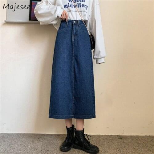 Women Skirts Classical High Waist Vintage Mid-calf Solid Button A-line Split Design Korean Style Harajuku All-match Leisure Ins