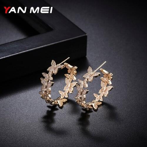 YAN MEI Butterfly Earrings Hoops Exaggerated Creative Gold Round Circle Luxurious Huggie Womens Cubic Zirconia Earring GLE9410