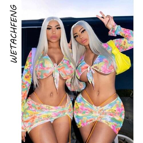 2021 Fashion Two Piece Mesh Set Women Sexy Floral Printed Top And Skirts Summer Vacation Outfits Suits Rave Party Club Clothes
