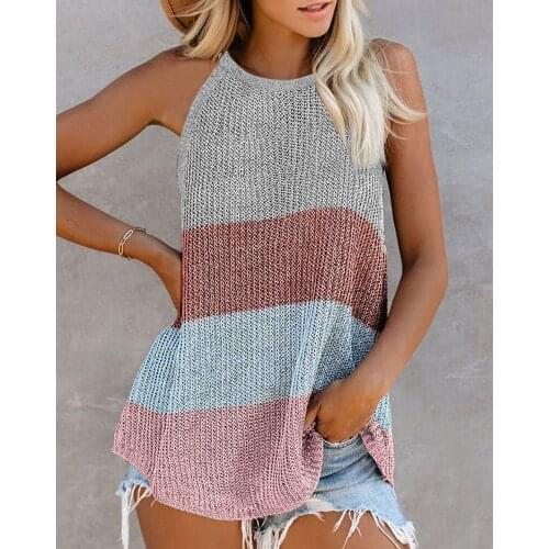 Summer New Fashion Women Colorblock / Plain Solid Knitted Sleeveless Tank Tops Colorblock / Plain Knitted U-Neck Sleeveless Top