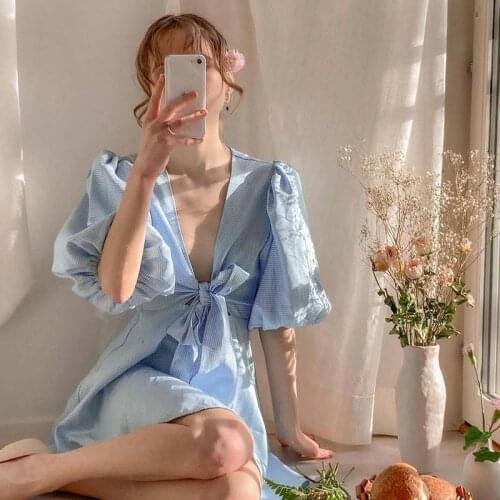 Elegant V Neck Blue Plaid Women Dress Puff Sleeve Lace Up High Waist A-line Dresses Casual Bow Lady Summer Dress Vestidos 2021
