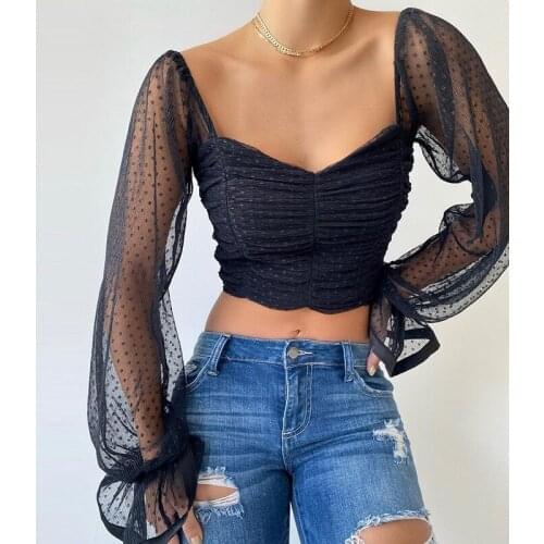 2021 Fashion Summer Tops Women Low Cut Backless See Through Sexy Dots Short Chiffon Mesh Tee Shirt Female Elegant Clubwear Party