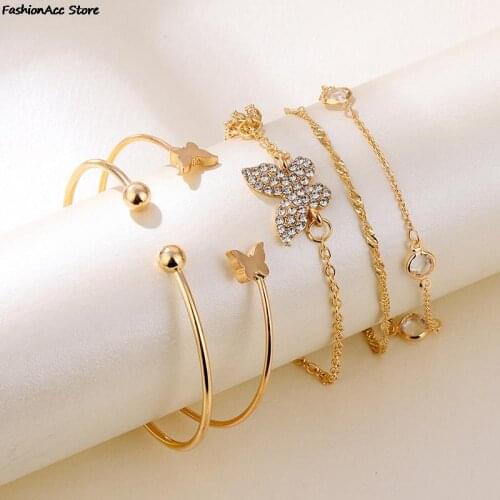 4/5/6Pcs/set Bohemian Gold Color Moon Leaf Crystal Opal Open Bracelet Set For Women Punk Boho Beach Bangle Jewelry Gift