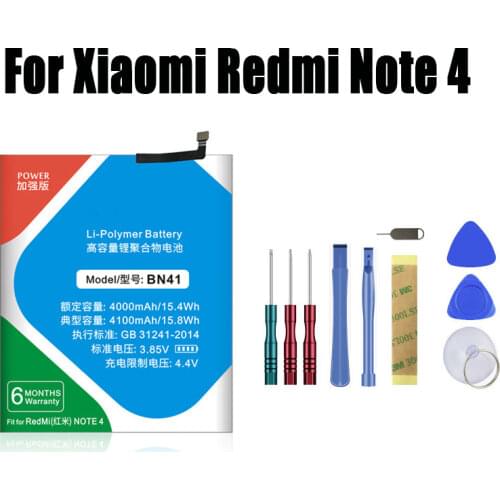 BN41 Lithium Polymer Battery For Xiaomi Hongmi Note 4 Redmi Note 4 4100mAh Phone Replacement Batteries + Free Tools