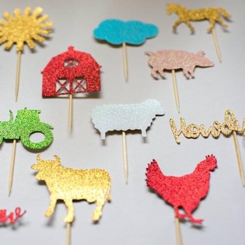 Glitter Bash farm animals birthday Gender Reveal cupcake toppers baptism Christening party decoration doughnut food picks