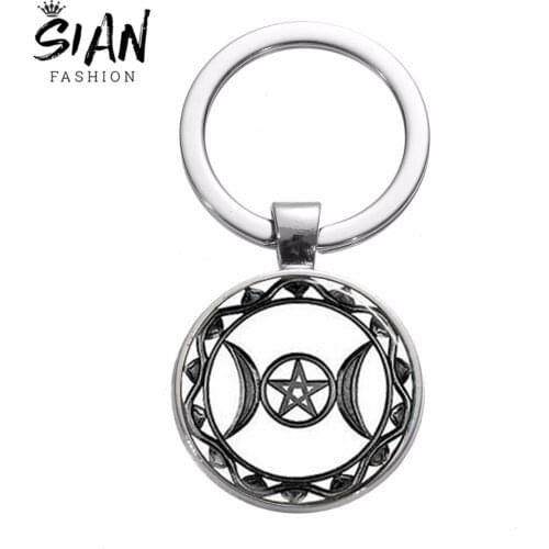 SIAN Retro Triple Moon Goddess Keychain Pentagram Tree of Life Glass Cabochon Key Ring Magic Witch Gothic Key Chain Accessories