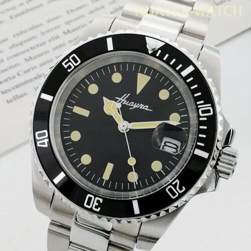 Black mechanical mens watch 40mm automatic date steel case aluminum watch ring green pointer luminous stainless steel bracelet