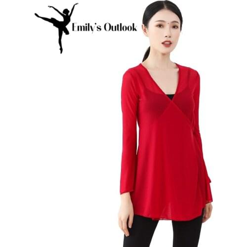 Women Mesh Dance Tops Solid Color Cover Up for Leotards Sexy V Neck Wrap Shirt Ethnic Dance Elastic Wear Plus Size
