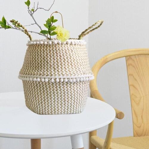 Household Foldable Seaweed Woven Handheld Storage Basket Lacework Plant Flower Pots Hand-Knotted Storage Bellied Basket