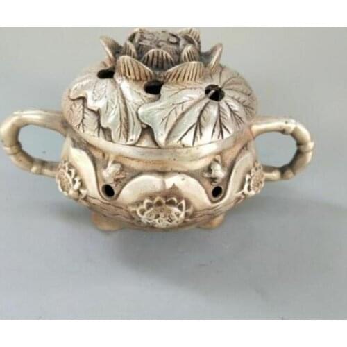 Chinese exquisite crafts white copper Carved lotus incense burner