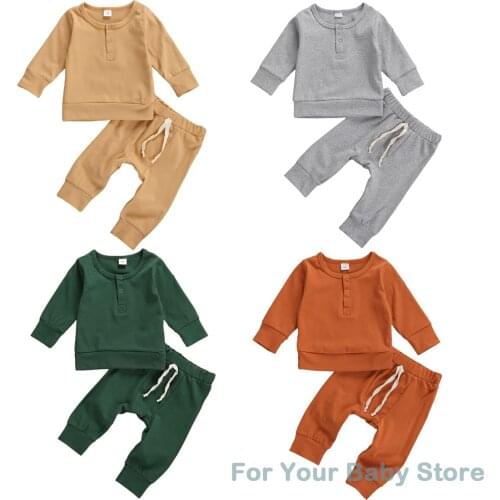 0-18M Autumn Winter Newborn Baby Girls Boys Clothes Sets Solid Long Sleeve Pullover Sweatshirt Tops Pants 2PCS Outfit