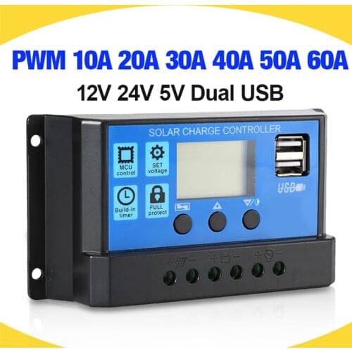 60A/50A/40A/30A/20A/10A Solar Charger Controller 12V 24V Auto PWM Controllers LCD Display 5V Dual USB Output Controller