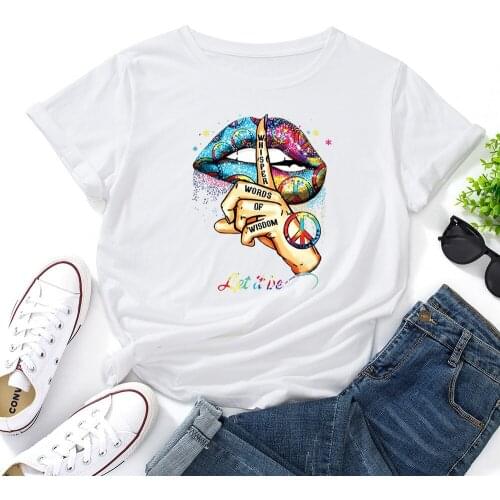 Summer Women T Shirt Plus Size Cotton Sexy Kiss Lips Print Short Sleeve Female Tshirts Streetwear Casual Graphic Tee Tops