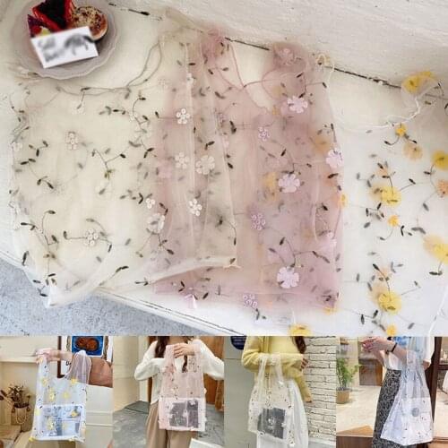 Fashion Female Flower Embroidery Hand Shopping Bag Flower Embroidery Organza Hollow Casual Tote Mesh Sweet Woman Girls Handbags