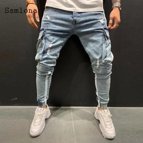 Samlona Mens Cargo Jeans Casual skinny Multi-pocket Pants Fashion 2020 European and American style Biker Hip Hop Denim Trousers