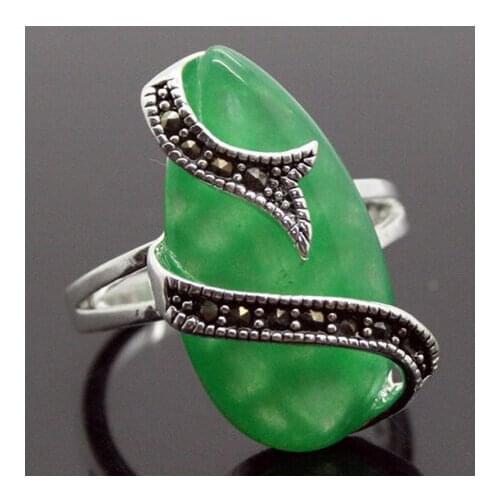 Natural Green Jade Snake Shape Marcasite Ring Size 6/7/8/9