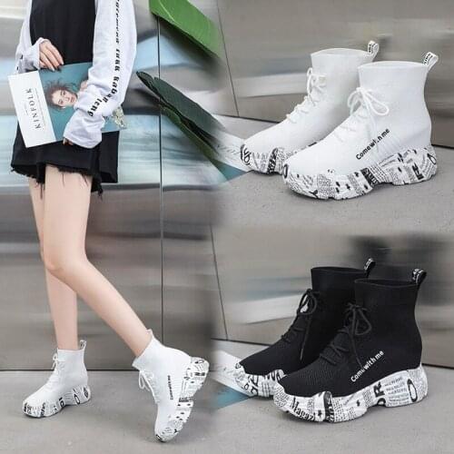 2021 New Thick-soled Inner Heightening Socks Boots Womens High-top Lace-up Short Boots Knitted Breathable Martin Boots Women