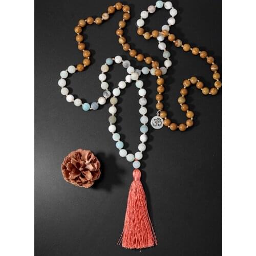OAIITE Yoga Meditation Necklace Natural Amazonite Stone 108 Bead Necklace Handmade Knot Prayer Long Tassel Strand Necklace