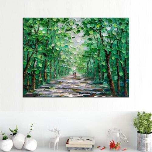 Palette Knife Oil Painting Forest Landscape Lush Green Trees Path Decorative Picture Handmade Painting Custom Size