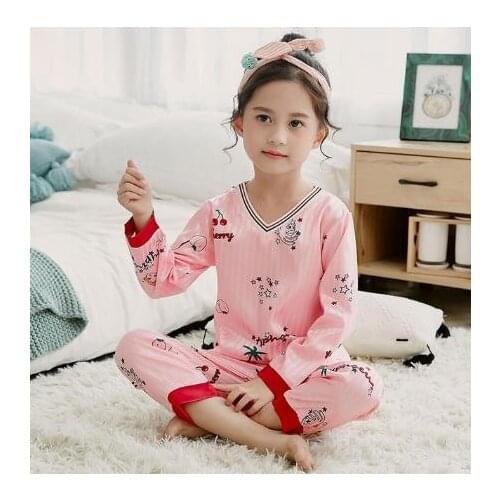 Long-sleeved pajamas V-neck home set childrens casual wear boys and girls cartoon pajamas set long-sleeved shirt + pants 2 sets