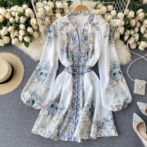 Croysier Spring Autumn Dress Women 2021 Runway Fashion Vintage Print Dresses Buttons V Neck Long Lantern Sleeve Elegant Dress