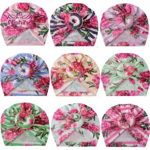 Nishine 18*17 CM Newborn Striped Caps Fashion Printed Donut Baby Girls Hats Vintage Flower Pattern Bonnet Photography Headwear