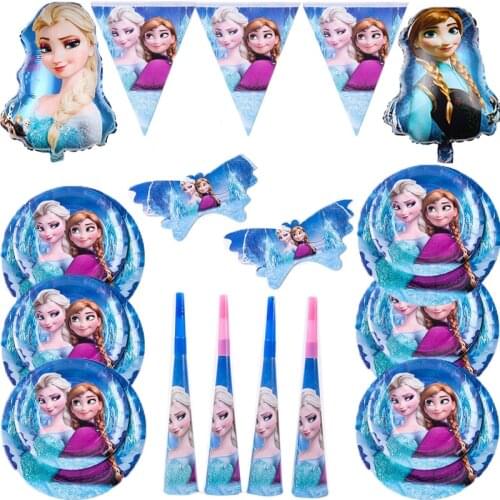 Cartoon Frozen Party Elsa Princess Theme Party Decoration Baby Girls Birthday Disposable Party Tableware Set Paper Cup Plate Cap