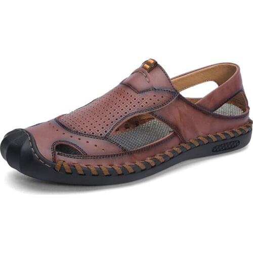 Genuine Leather Hollow Out Breathable Mens Casual Shoes Summer Big Size Fashion Handmade Outdoor Rubber Sole Sandals for Male