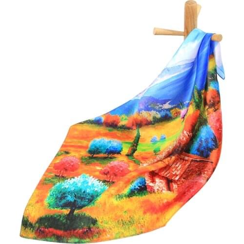 Pure Silk Scarf Women Bandana Female Handkerchief Seaside Scenery Oil Painting Hair Scarf Womens Natural Silk Square Headband