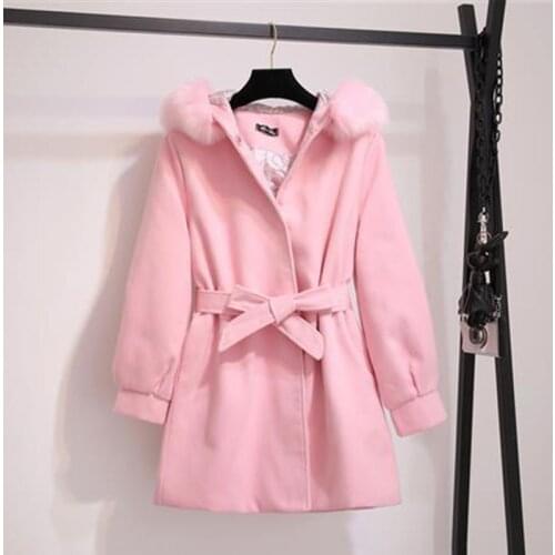 Woolen Coat Womens Mid-length Long Fur Collar Hooded Waist 2021 New Fashion Autumn And Winter Woolen Jacket Women Clothing