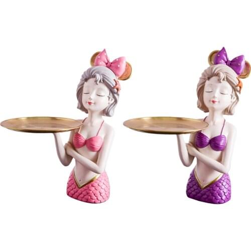 Resin Mermaid Figurine Girl Statue Holding Storage Tray Organizer for Home Office Decoration Ornament