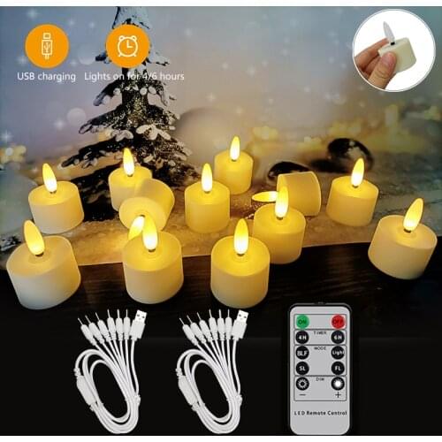 12PCS New USB Rechargeable Tea Lights With Timer Remote LED Christmas Candles 3D Flameless Flicker For Halloween Home Decoration