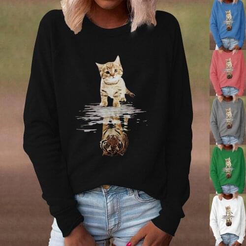 Autumn Winter Womens Streetwear Animal Cat Tiger Print Funny Round Neck Loose Sweatshirt Long Sleeve Casual Pullovers Tops