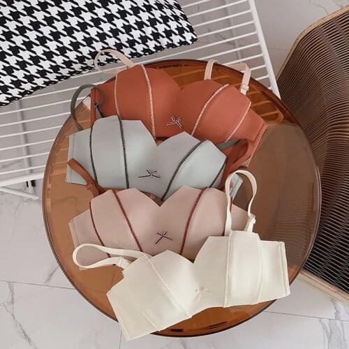 Wasteheart Women Fashion Pink Gray Sexy Lingerie Bralette Bow Push Up Cotton Panties Wireless Bra Sets Underwear A B Female Bras