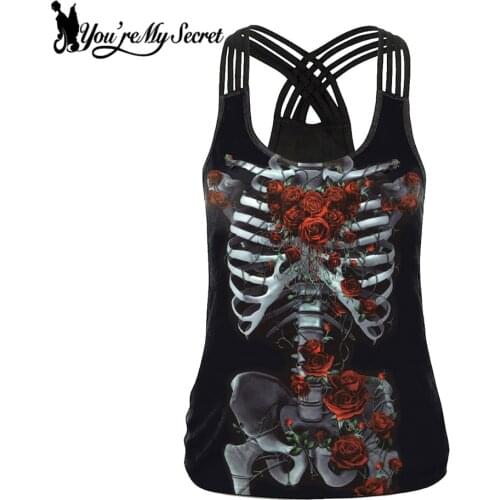 [You're My Secret] Classic Skeleton Red Rose Printing Women Tank Tops Fashion Sexy Sling Top Gothic Streetware Vest Tops Summer