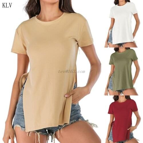 Women Summer Short Sleeve O-Neck T-Shirt Sexy Side High Split Loose Pullover Tunic Tops Solid Color Casual Basic Streetwear