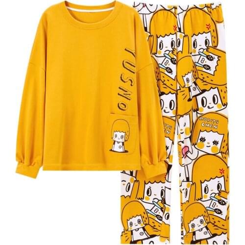 Pajamas Female Autumn and Winter Cotton Long Set of Casual Cartoon Can Be Worn Outside TheKoreanVersionofLooseStudentHomeClothes